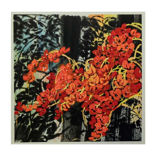 POMO Chinese Painting - Flame Red Bougainvilleas